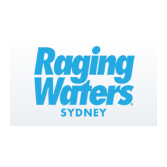 Raging Waters Sydney logo with blue text on a white background.