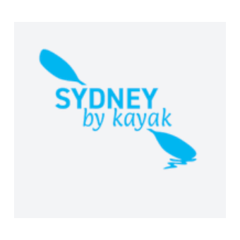 Logo with blue kayak paddle and the text "Sydney by Kayak" in blue.
