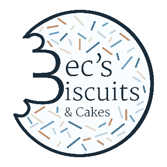 Logo of '3 Ec's Biscuits & Cakes', featuring a circular design with a half-eaten biscuit shape and colorful sprinkles, with the business name inside.
