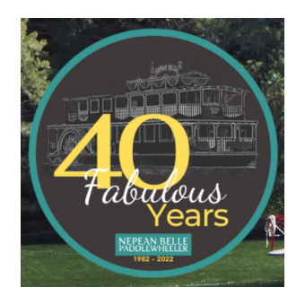 Logo celebrating 40 years of Nepean Belle Paddlewheeler, featuring an illustration of a paddlewheel boat and the text '40 Fabulous Years, 1982-2022'.