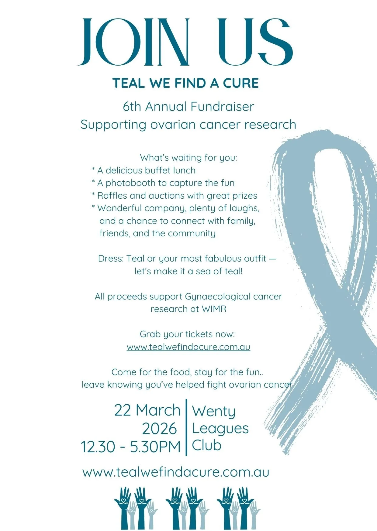 Invitation to the 6th annual fundraiser event supporting ovarian cancer research, with details about date, time, location, activities, dress code, and a teal ribbon graphic.