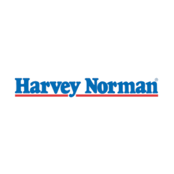 Harvey Norman logo with blue text and red underline on a white background.