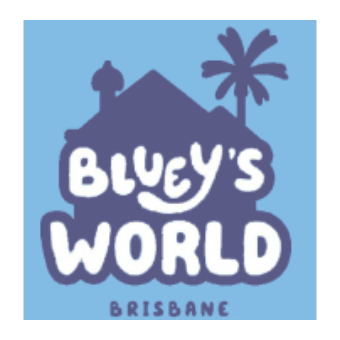 Logo for Bluey's World Brisbane, featuring a house with a chimney, a palm tree, and the text 'Bluey's World' in playful font with a blue background.