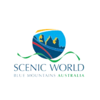 Logo for Scenic World Blue Mountains Australia featuring a stylized blue mountain and train.