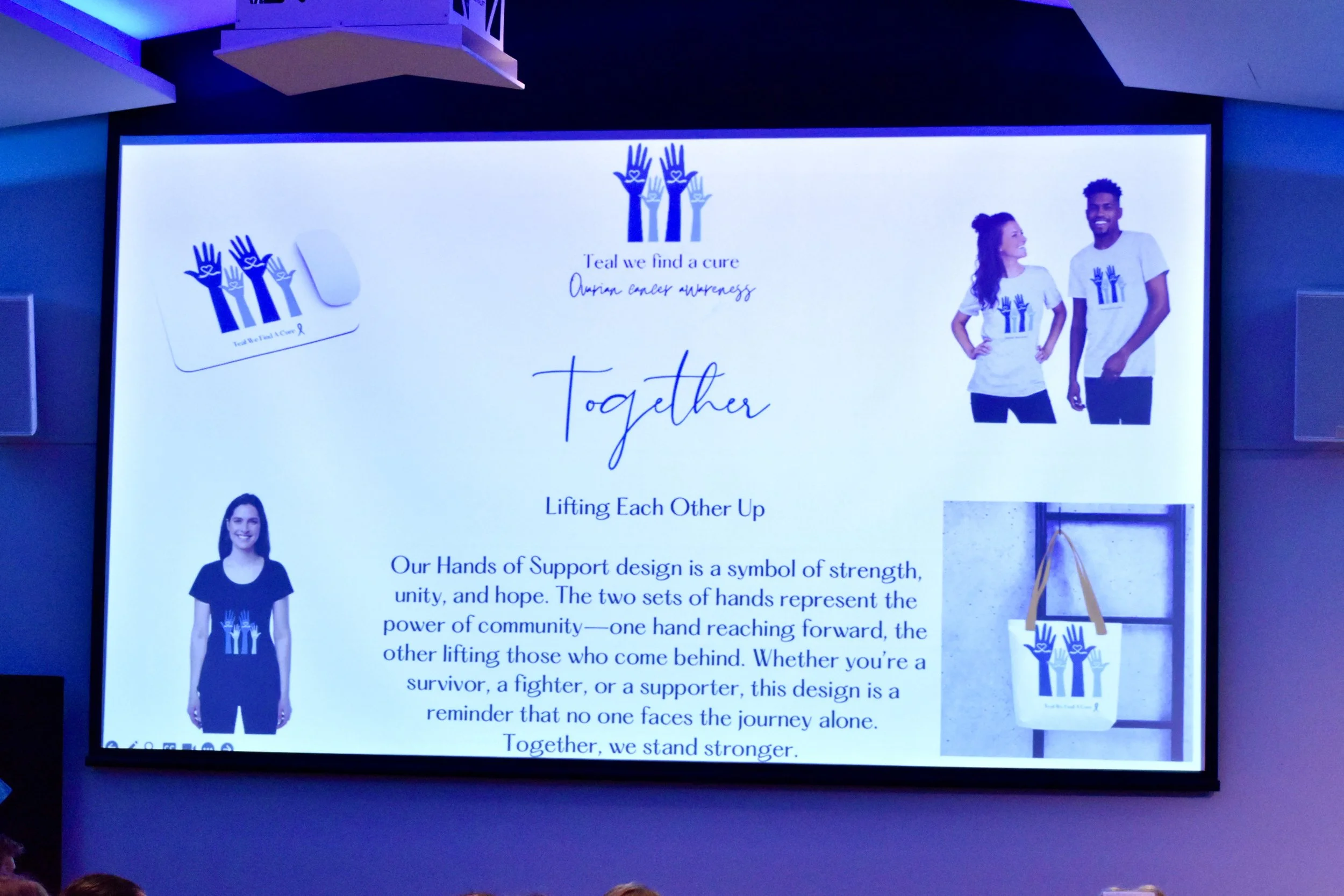 Slide with community support theme for autism awareness, with images of hands, people wearing autism awareness shirts, and a tote bag featuring a hand support design, and text emphasizing unity and strength.