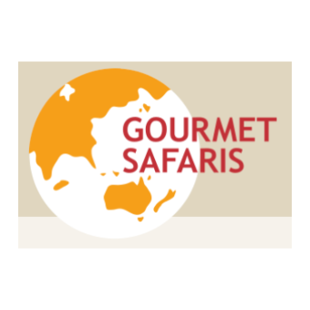 Logo of Gourmet Safaris featuring a stylized orange and white globe with Australia and parts of Asia visible, and red text that says 'Gourmet Safaris'.