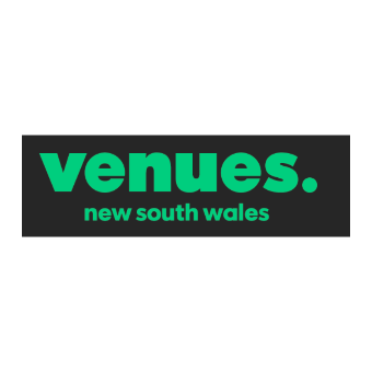 Logo with green text reading 'venues.' and smaller green text below it stating 'new south wales' on a black background.