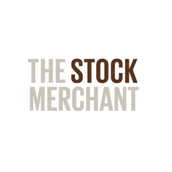 Text reading 'The Stock Merchant' in a creative font with a beige and dark brown color scheme.