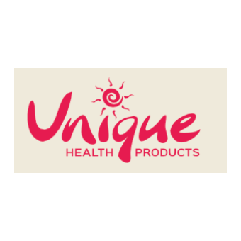 Logo for Unique Health Products featuring a stylized sun above the text.