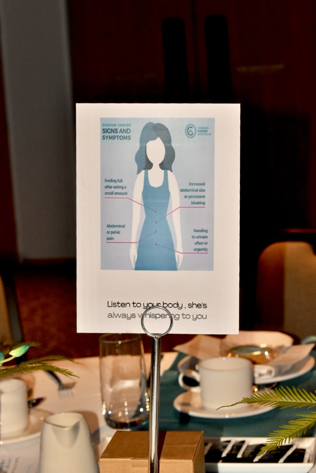 Sign with ovarian cancer symptoms including feeling full after a small amount, abdominal or pelvic pain, increased abdominal size or persistent bloating, and needing to urinate urgently, with a blank faceless woman illustration and a table setting in