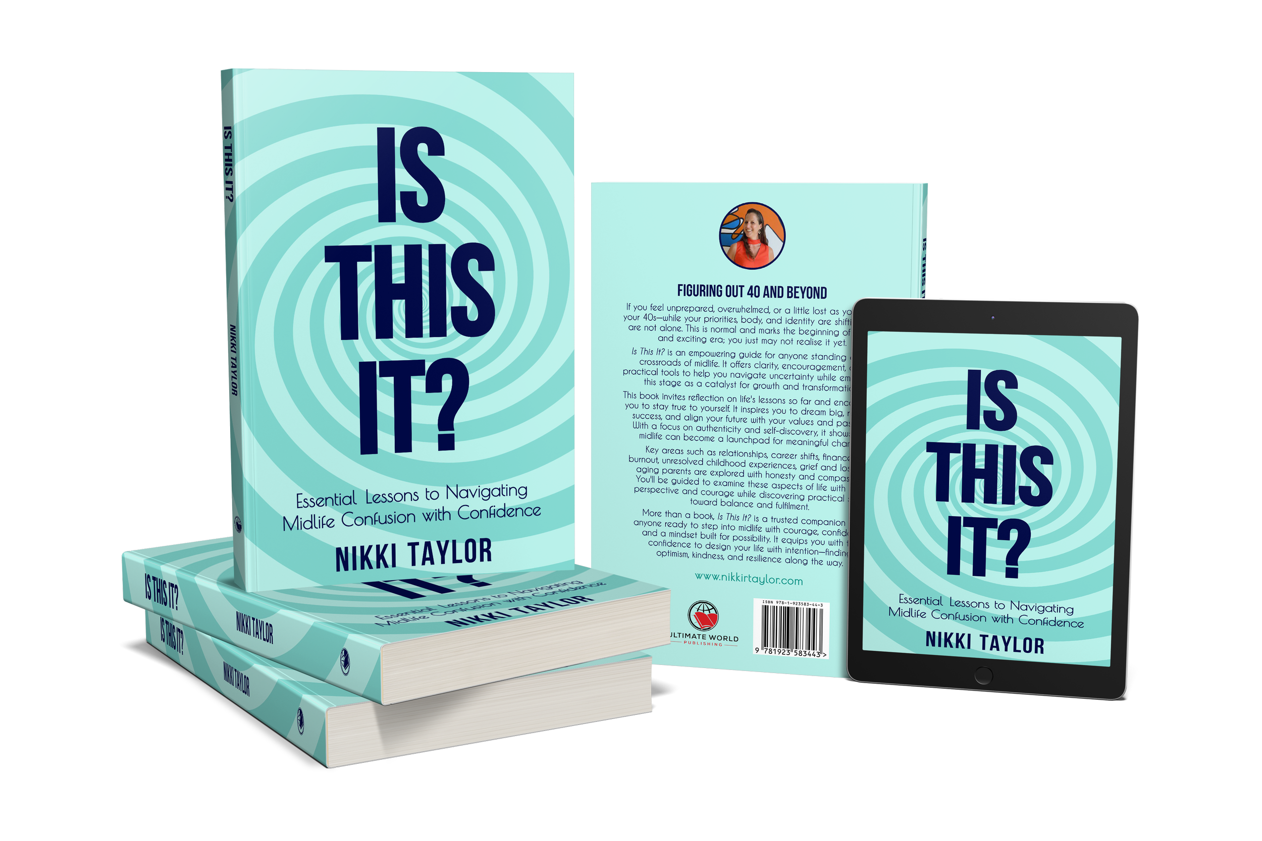 Is This It?” by HR consultant and career coach Nikki Taylor, shown as physical, digital, and stacked copies. The covers feature a teal swirling design with bold blue text.