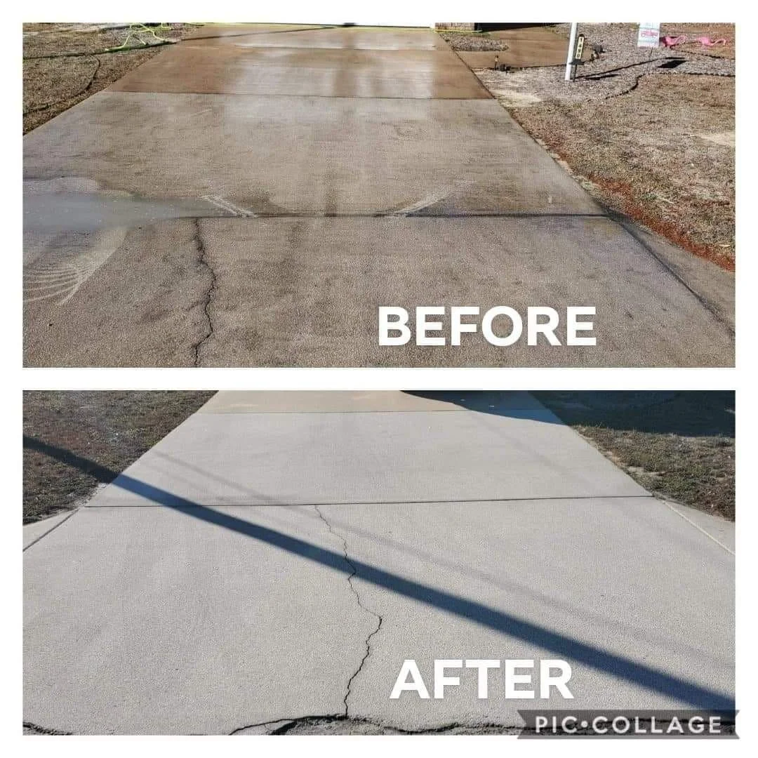 Side-by-side comparison of a concrete driveway before and after repair. The top image shows a cracked, uneven surface marked 'BEFORE,' and the bottom image features a smooth, newly repaired surface marked 'AFTER.'