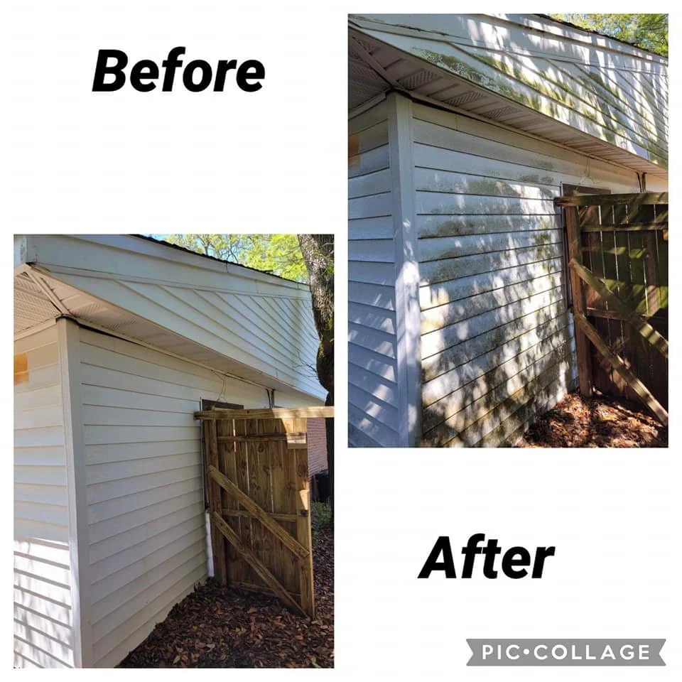 Side-by-side photos showing the exterior of a house before and after adding a new wooden gate. The