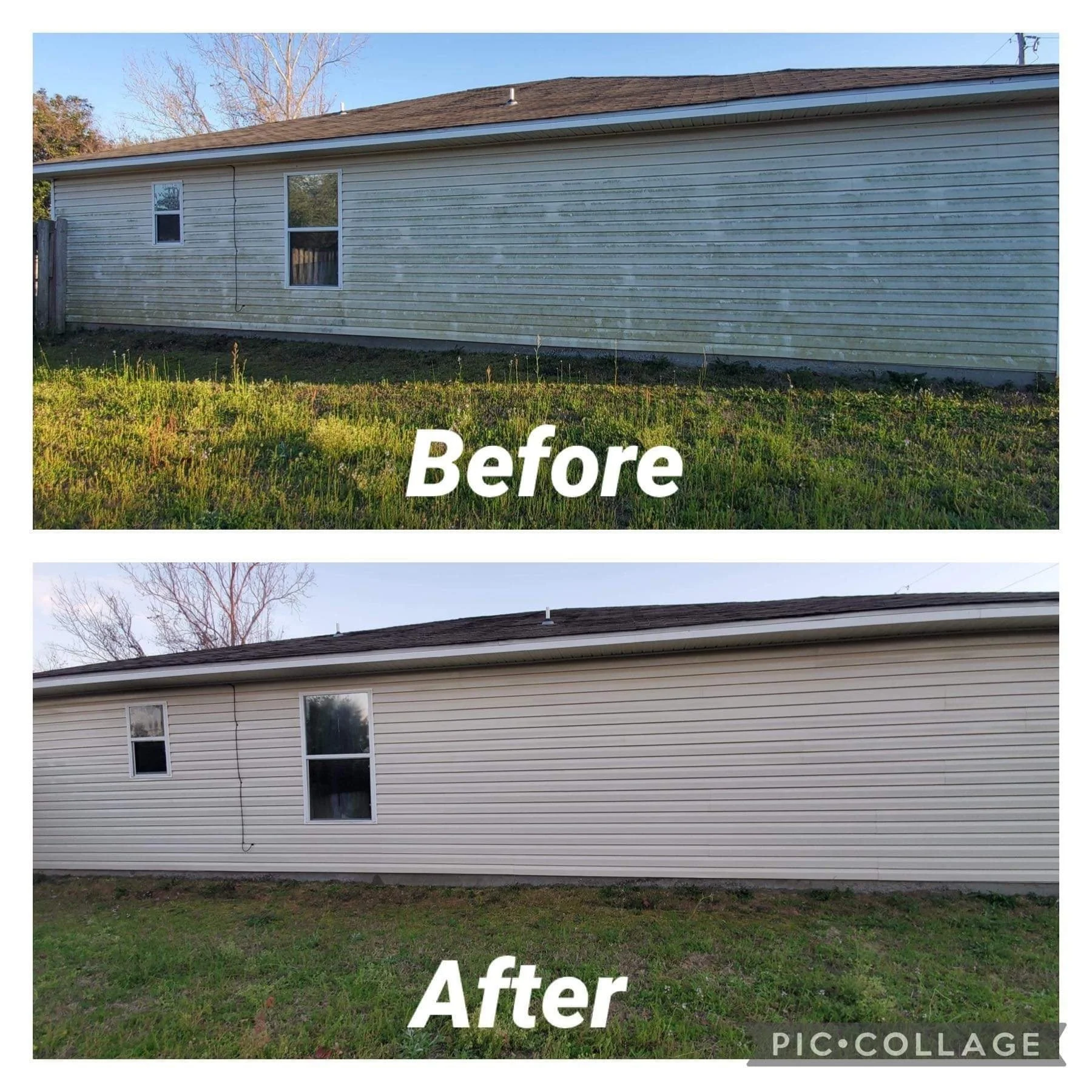 Side view of a house's exterior wall before and after cleaning. The top shows the wall weathered and dirty, while the bottom shows the wall cleaned and looking fresh. Grass in the foreground.