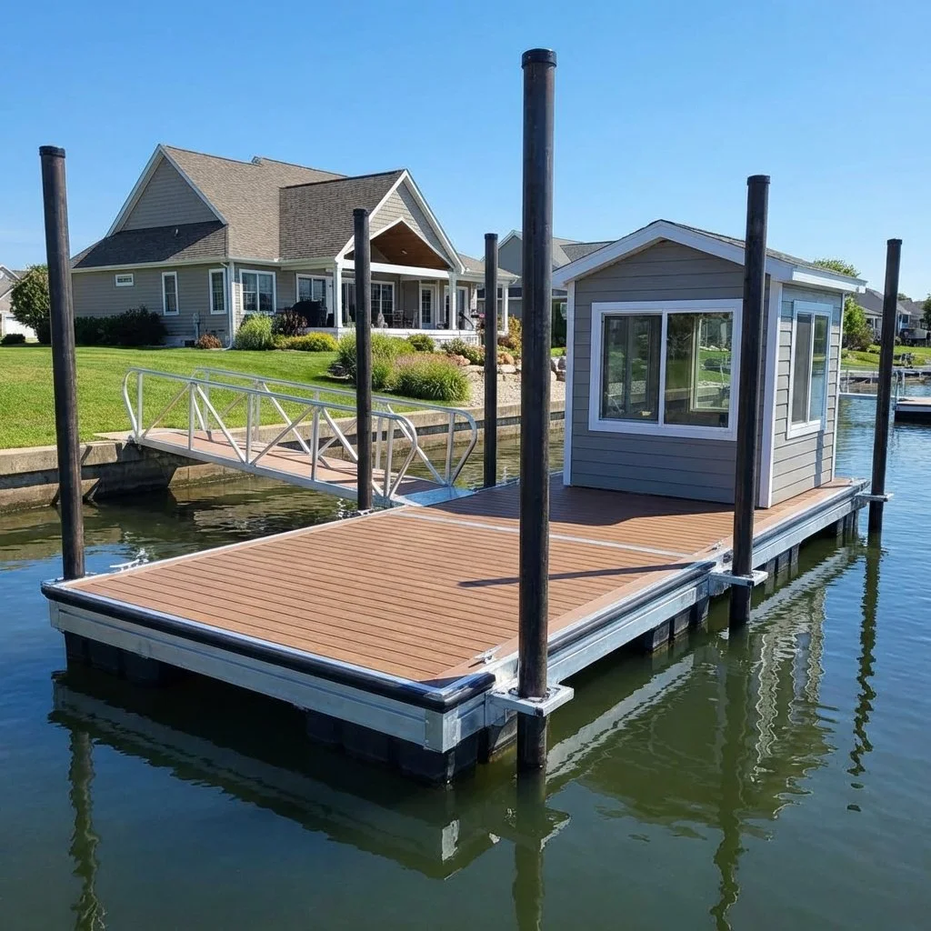 Express Docks - modular dock systems - A houseboat docked at a residential waterfront with a small floating shed, a ramp, and a wooden deck, during a clear day.