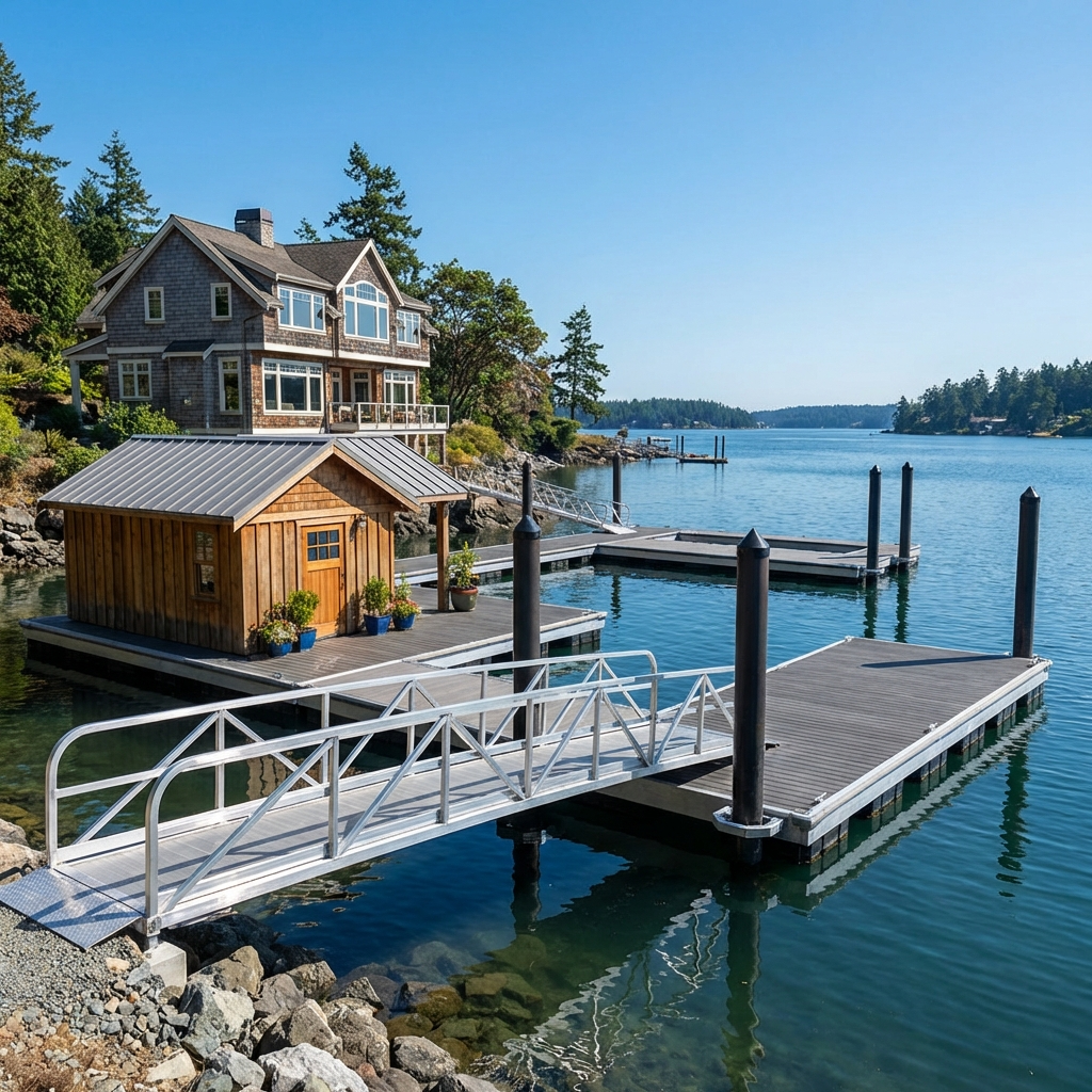 Express Docks - prefabricated dock systems - A house by a dock on a calm water body with a small wooden shed on the dock, surrounded by trees under a clear blue sky.