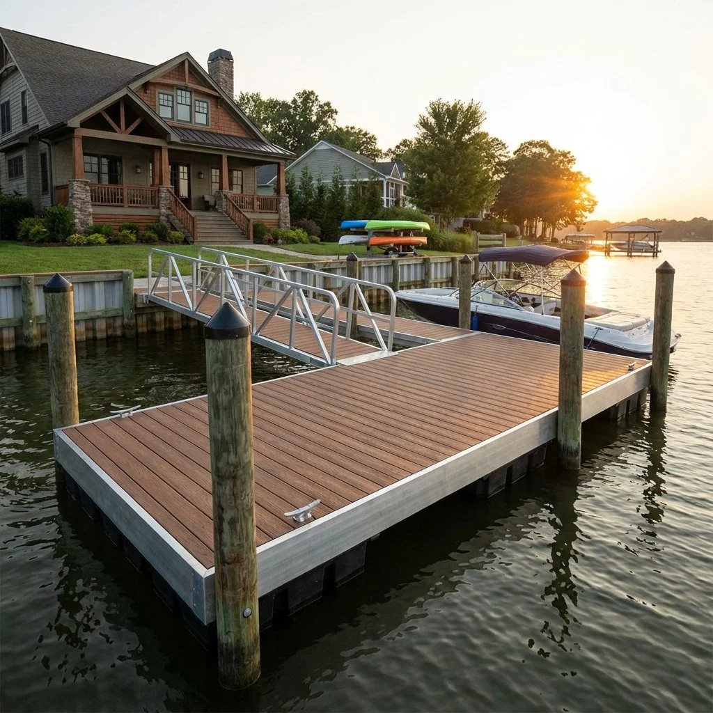 Express Docks - modular dock systems - A wooden dock extending into a lake with boats docked on the side. There is a large house with a stone and wood exterior in the background, along with several kayaks stacked on the lawn. 