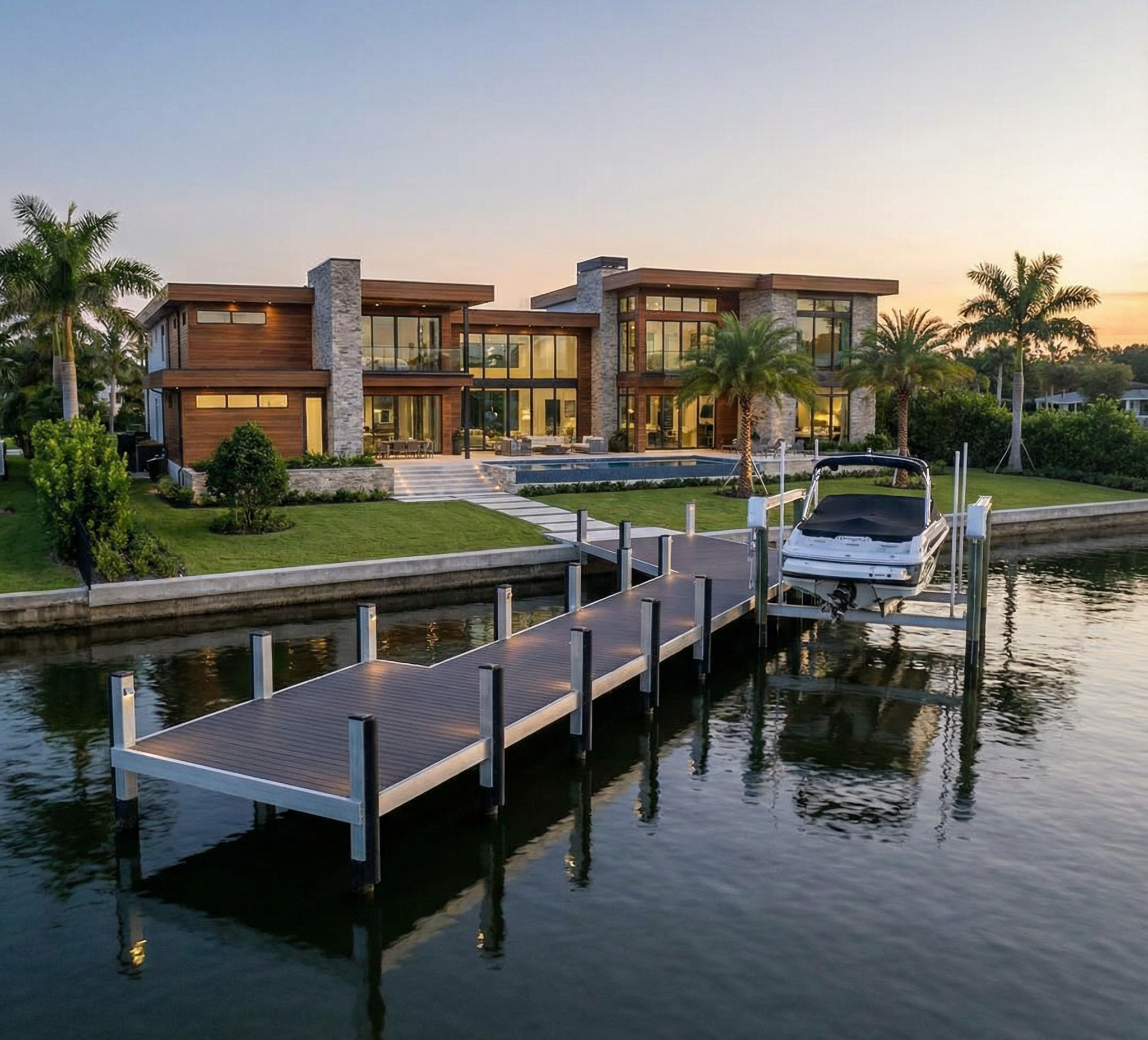 Express Docks - modular dock systems - Modern two-story house with large glass windows, surrounded by palm trees, adjacent to a waterway with a dock and a boat during sunset.
