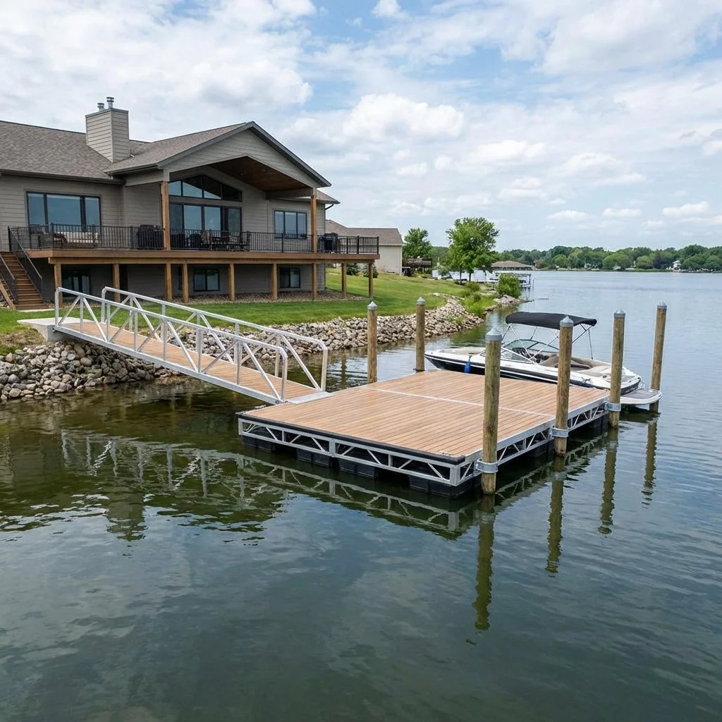 Express Docks - modular dock systems - A house with a balcony overlooking a lake. In front, a floating dock with a boat tied to it and a ramp leading from the house to the dock.