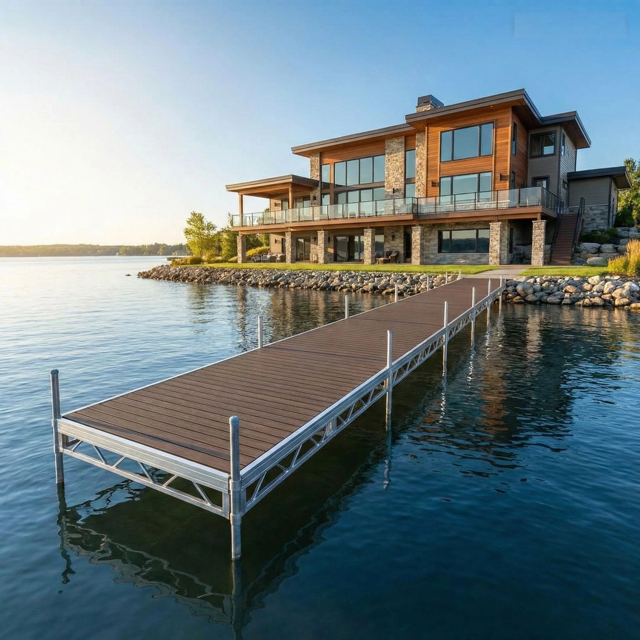 Express Docks - modular dock systems - Modern house built on a lakeshore with a wooden dock extending into water, landscape includes rocks and trees, sunny sky.