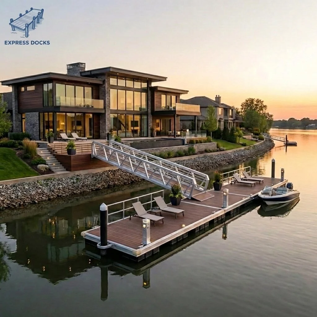 Express Docks - residential docks - Modern waterfront house with large glass windows, wooden exterior, and a dock with lounge chairs, potted plants, and a boat, overlooking a calm river at sunset.