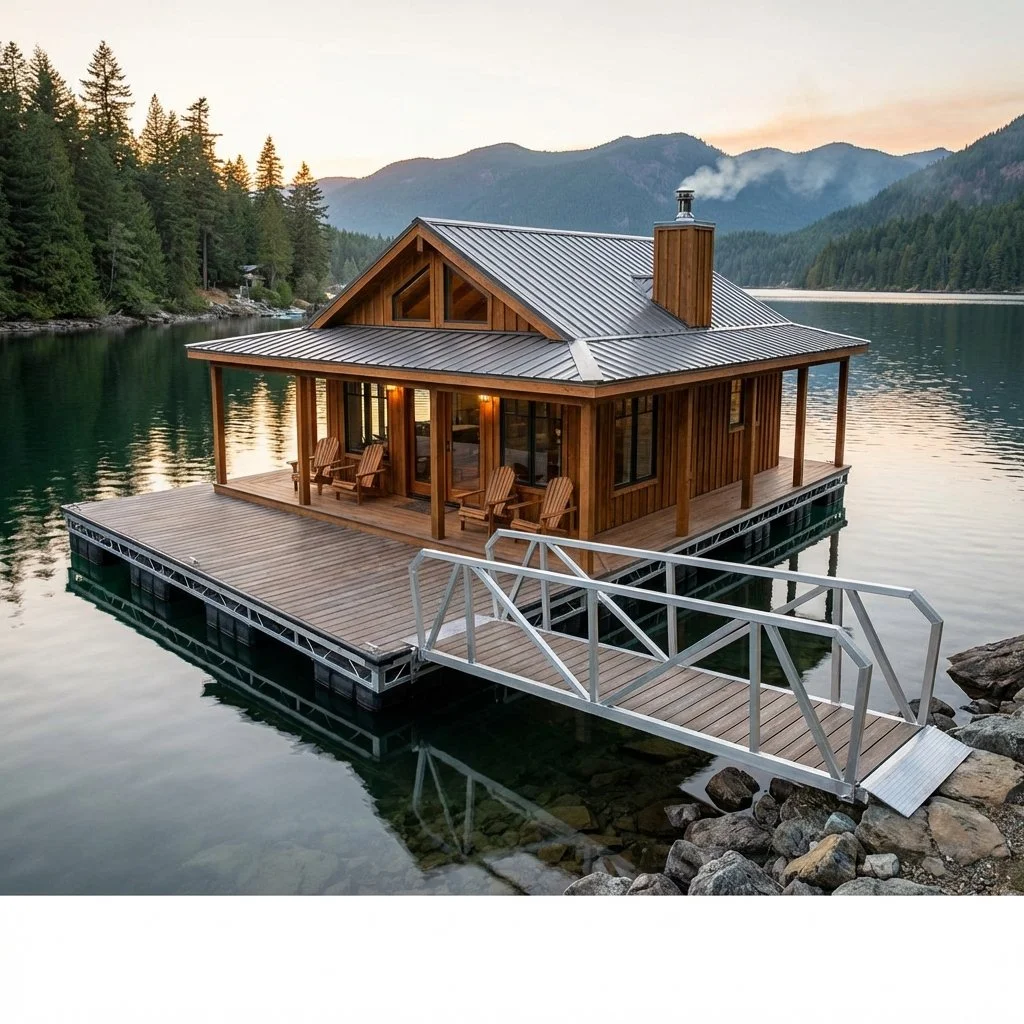 Express Docks - modular dock systems - A wooden house built on a floating platform on a lake, with a metal ramp leading to the rocky shoreline, surrounded by forested mountains during sunset.