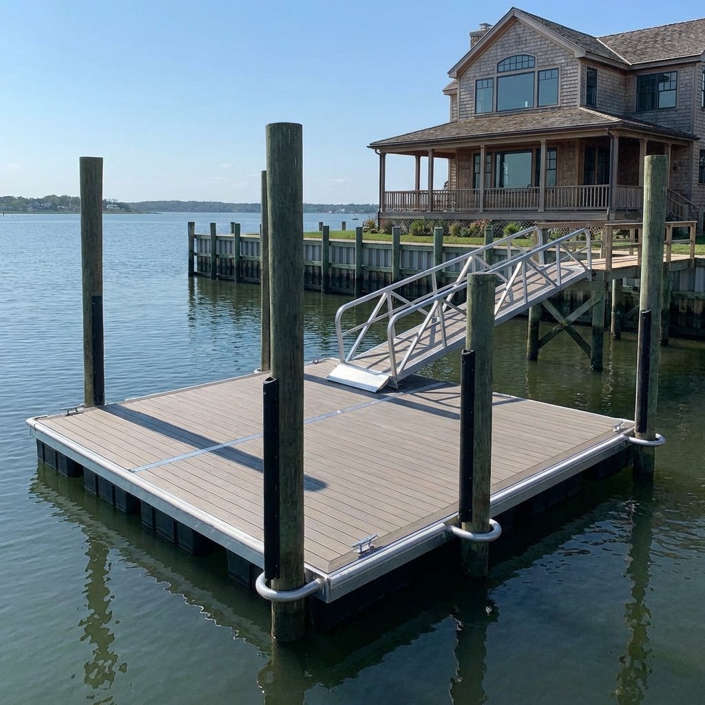 Express Docks - residential docks USA - A floating dock with a ramp attached to a house by the water, with several wooden pilings supporting the dock in a calm body of water.
