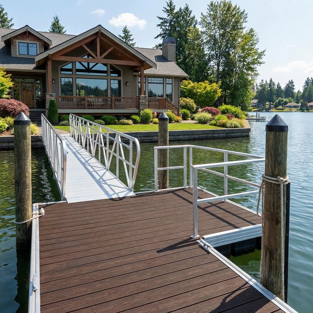Express Docks - residential docks USA - A house with large windows and a wooden deck overlooking a lake, with a floating dock and a pier in a lush, green landscape.