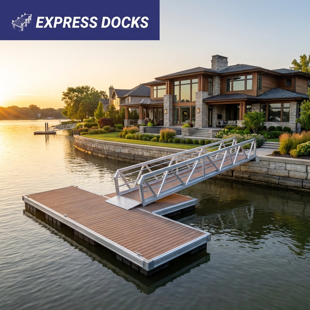 Express Docks - DIY floating dock kits - Luxury house with large windows and a landscaped yard, situated along a lake, with a dock and boat lift at sunset.