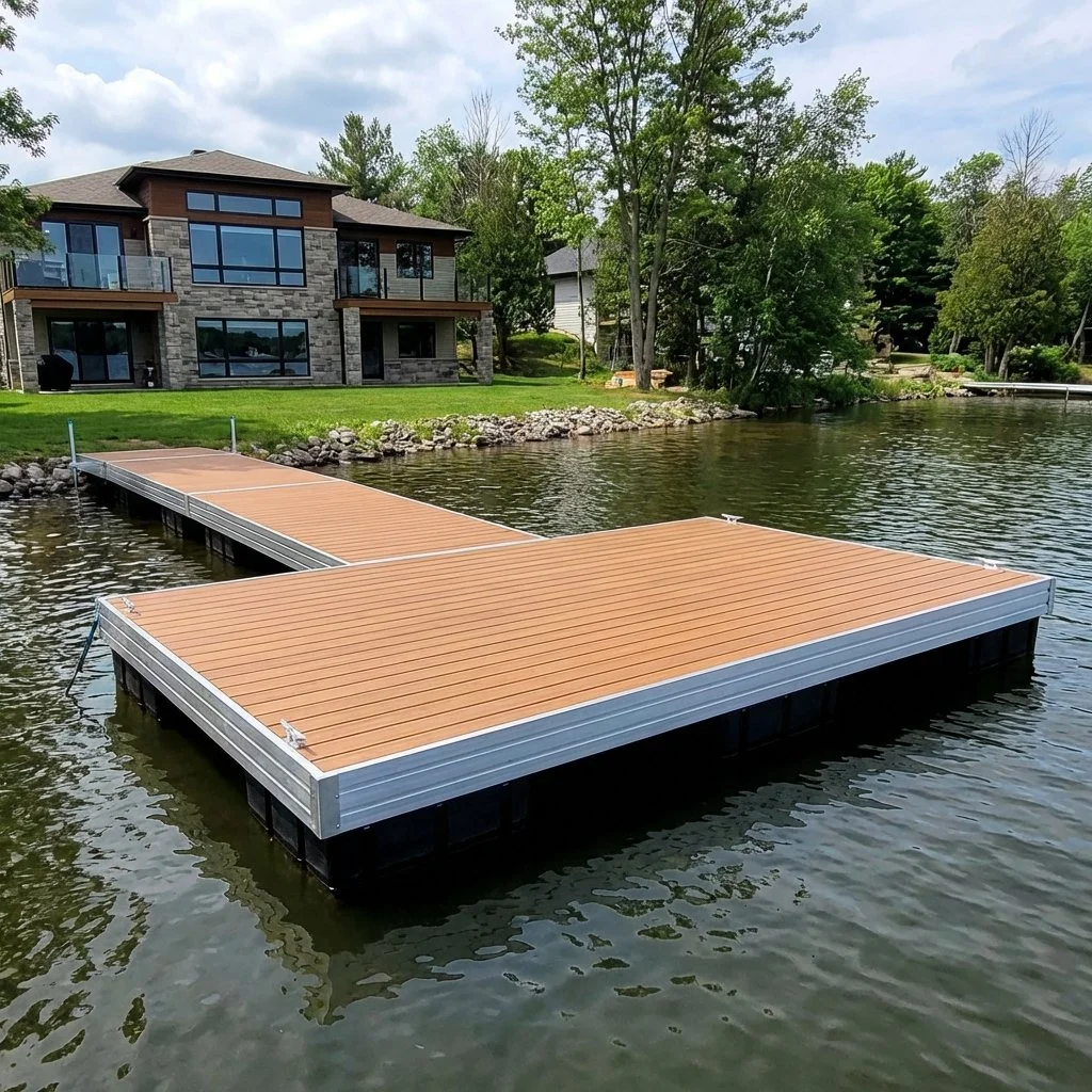 Express Docks - modular dock systems - A floating dock with a tan surface on a lake, with a modern two-story house with large windows and a lawn in the background, surrounded by trees and a cloudy sky.