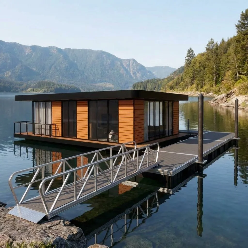 Express Docks - modular dock systems - A modern houseboat with wooden panels and large glass doors is docked on a calm lake with mountains and trees in the background.