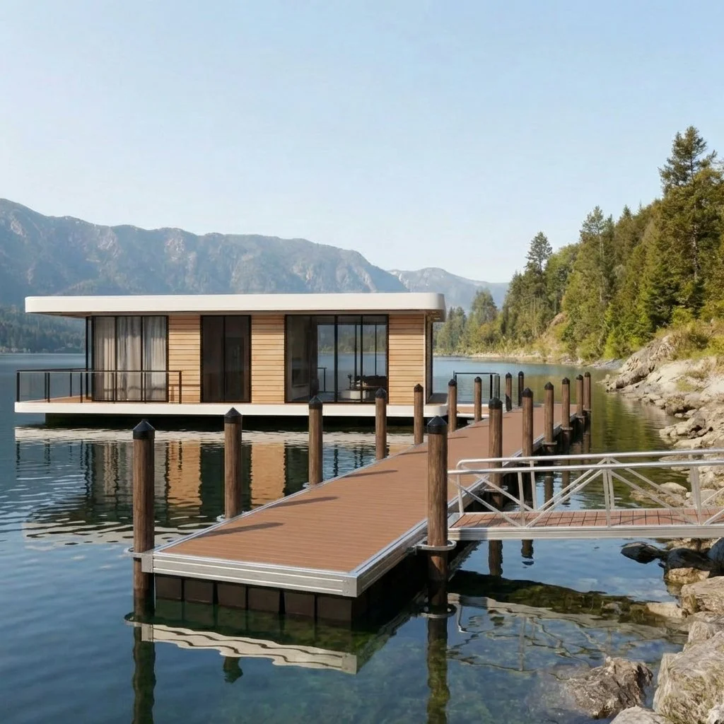Express Docks - prefabricated dock systems - A modern houseboat with wooden siding and large glass windows is docked on a lake, connected to the shore by a wooden pier, with a background of mountains and forested land.