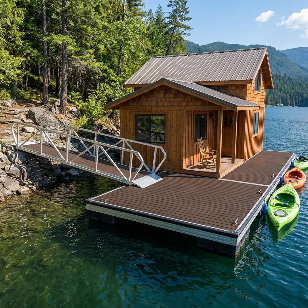 Express Docks - modular dock systems - A wooden house built on a dock over a lake, with a small bridge connecting it to the rocky shoreline, surrounded by trees and mountains.