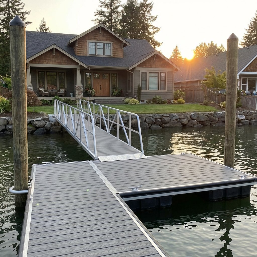 Express Docks - DIY floating dock kits - A house with a dock leading to a boat lift on a lake at sunset.