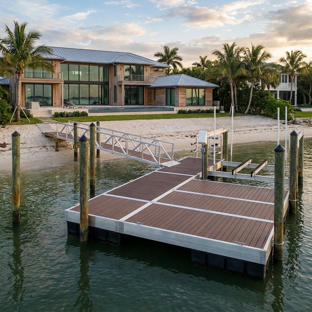 Express Docks - modular dock systems - A modern waterfront house with large glass windows, surrounded by palm trees, with a sandy beach and a wooden dock extending into the water.