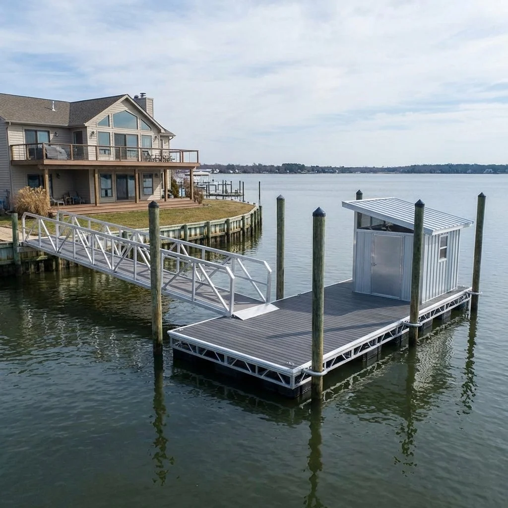 Express Docks - prefabricated dock systems - A house with a deck facing a body of water, connected to a floating dock via a ramp; the dock has a small metal shed with a sloped roof.