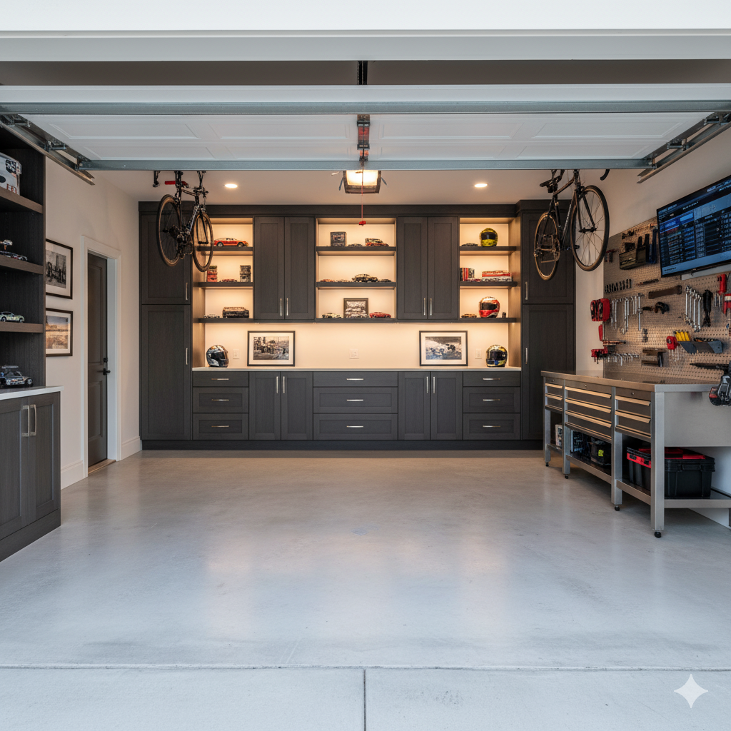 A clean, organized garage with dark gray cabinetry, shelves with model cars, helmets, and framed pictures, a workbench with tools, two bicycles hanging from the ceiling, and a wall-mounted television.
