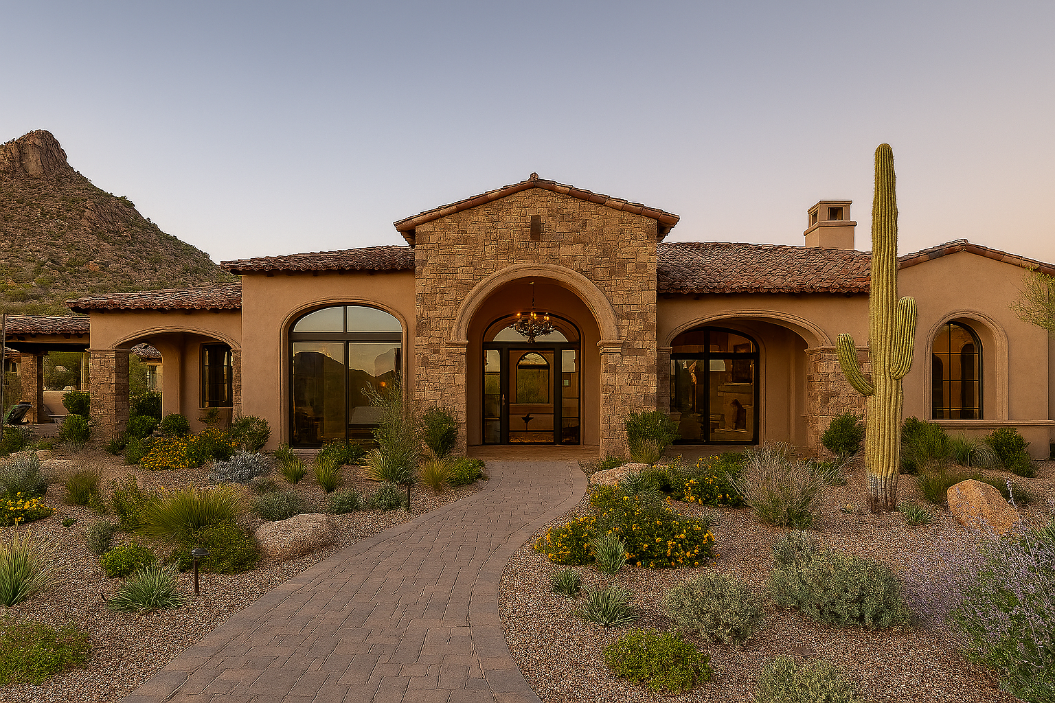 A large desert-style house with a curved brick pathway leading to the front door, surrounded by desert plants and a tall cactus on the right, with mountains in the background.
