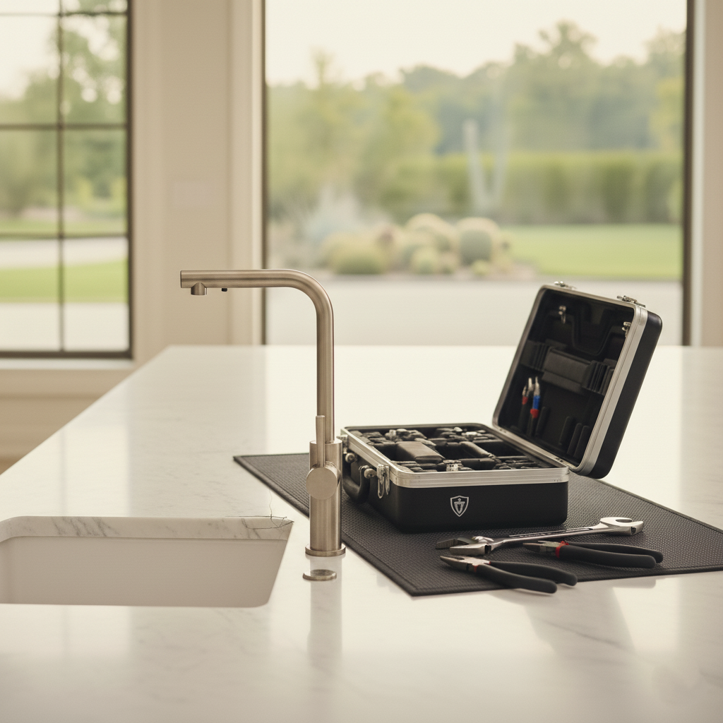 A kitchen countertop with a stainless steel faucet, an open tool case, and various tools, with a window and a backyard view in the background.