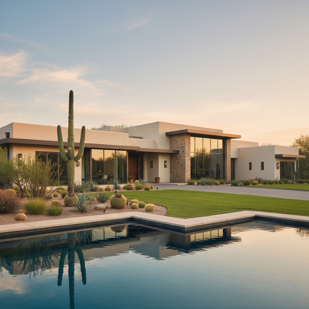 Modern desert-style house with large glass windows, surrounded by desert plants, cacti, and a reflecting pool at sunset.