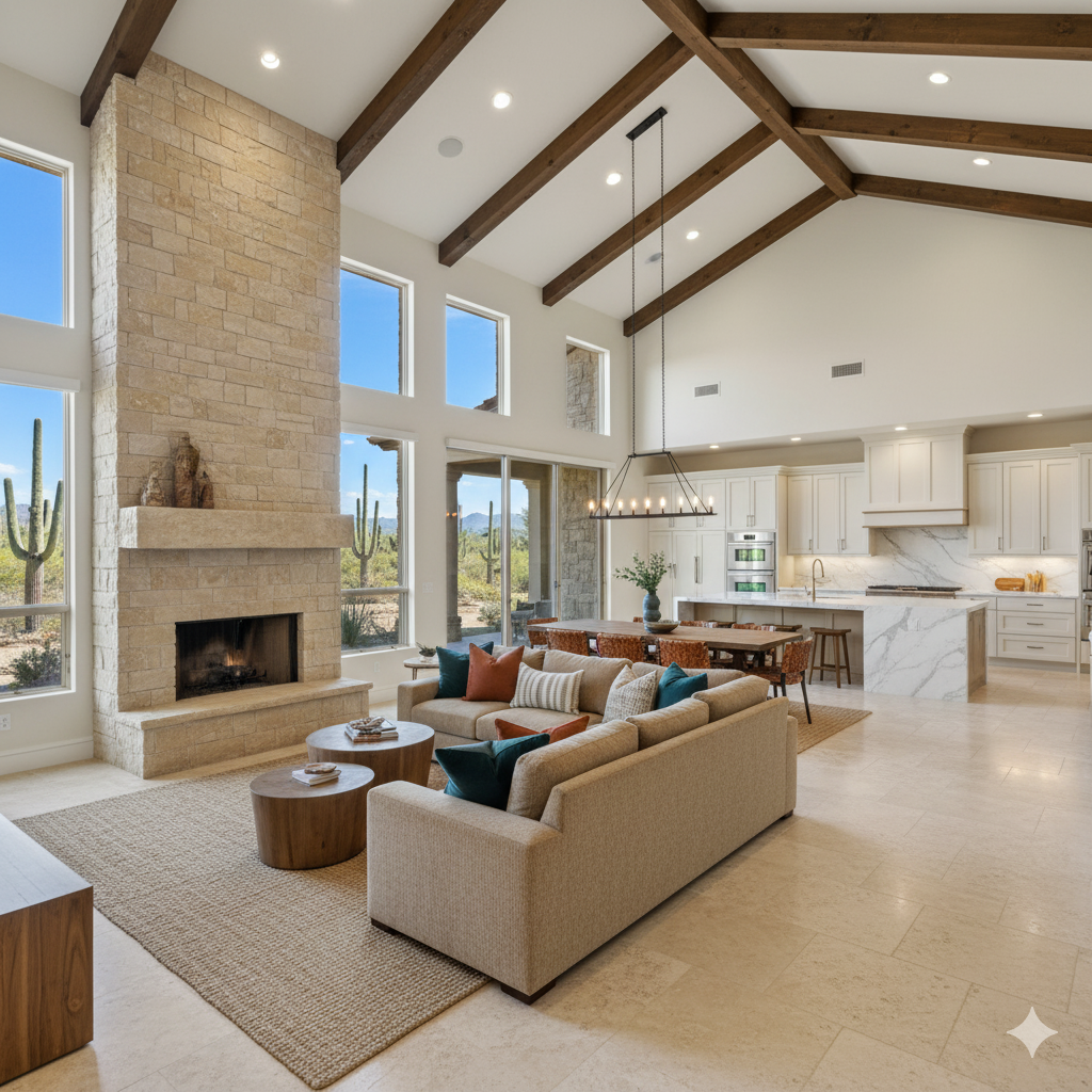 Open-concept living room and kitchen with high vaulted ceiling featuring exposed dark wooden beams, a large stone fireplace, multiple windows with desert landscape, modern white kitchen, and neutral furniture.