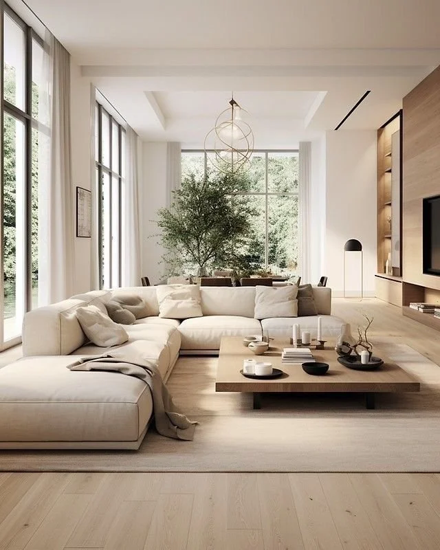 Modern living room with large beige sectional sofa, wooden coffee table with decorative items, and large windows with white curtains letting in natural light, featuring a reflection of green trees outside.