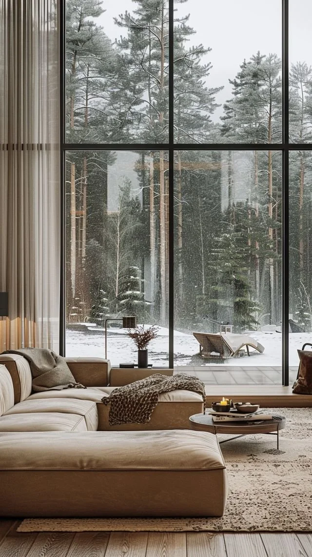 Living room with large floor-to-ceiling window showing a snowy forest outside; beige sectional sofa with throw pillows and blanket, round coffee table with candles and bowls.
