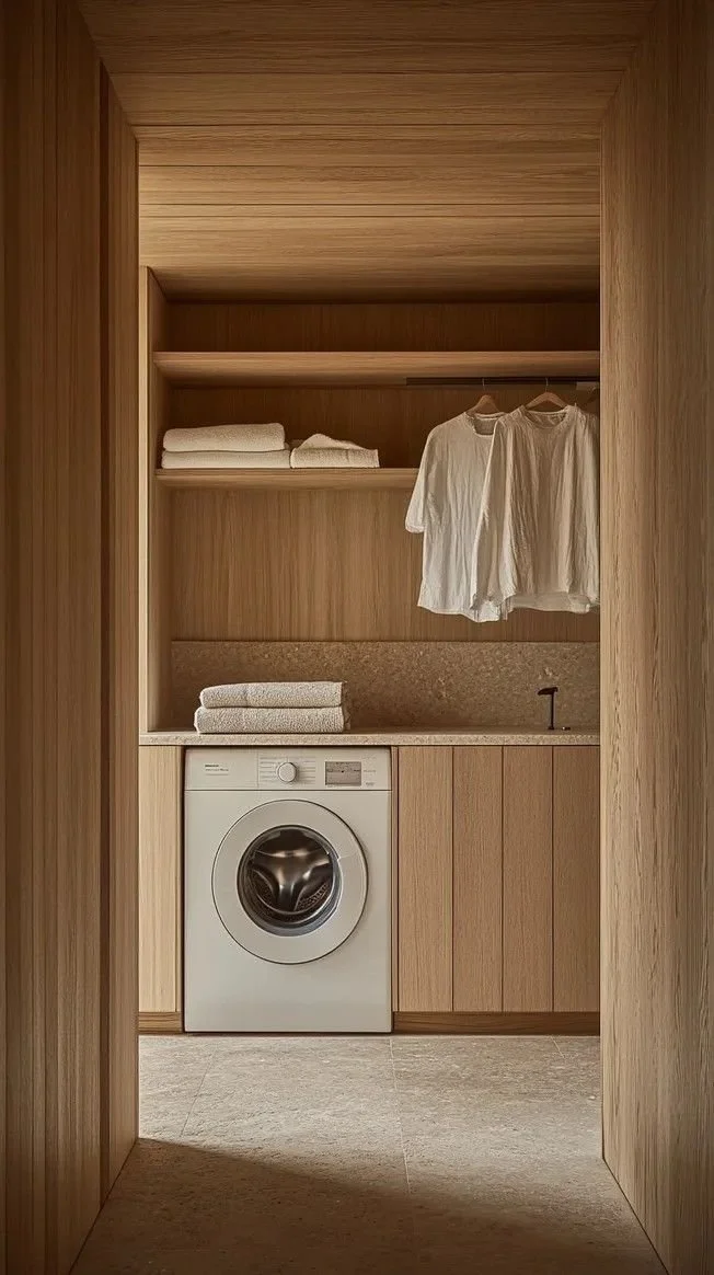 A compact laundry room with a front-loading washing machine, wooden cabinetry, open shelves with folded towels, a small sink, and hanging white shirts.