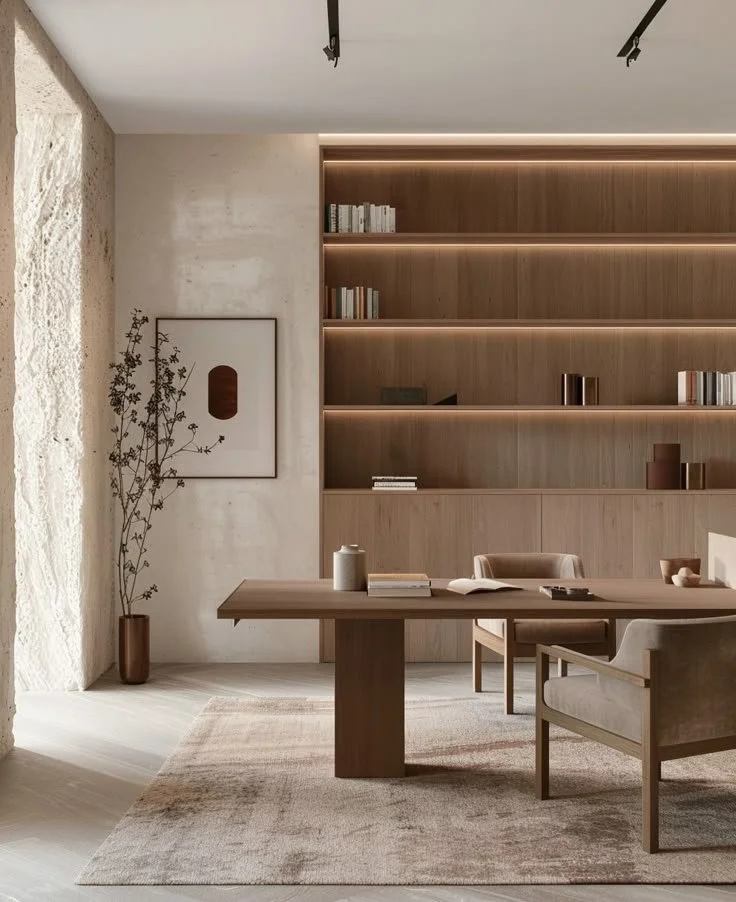 A minimalist, modern office with a wooden desk, beige armchair, and a built-in wooden bookshelf with backlit shelves, next to a textured stone wall, a potted plant, and artwork on light-colored walls.