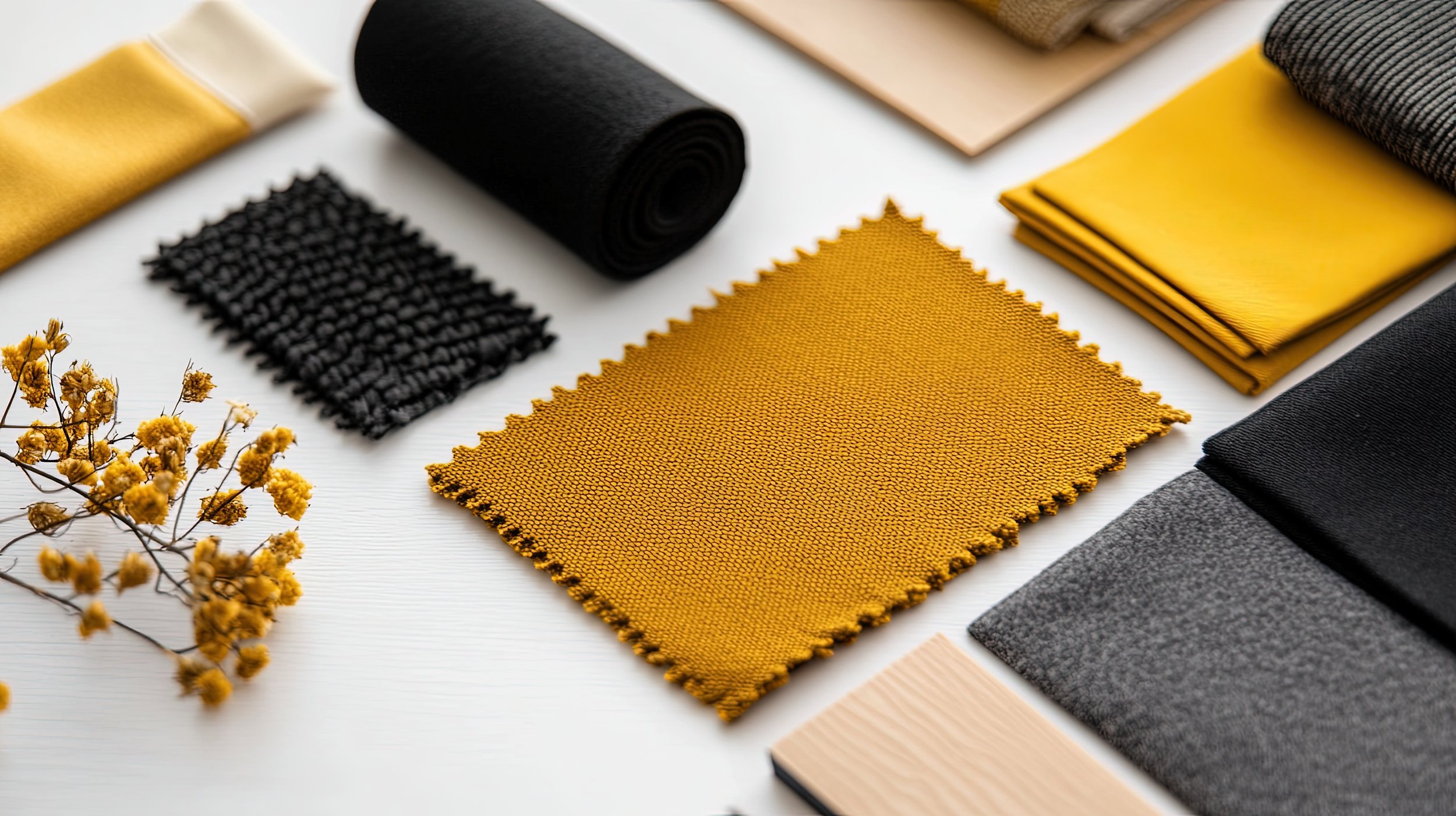 Swatches of yellow, black, gray, beige fabrics and textured materials, along with rolled fabrics and small flowers on a white surface.