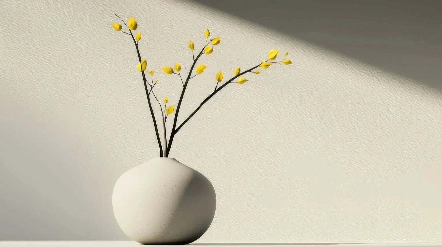 White round vase with yellow blooming branches on a plain light-colored background.