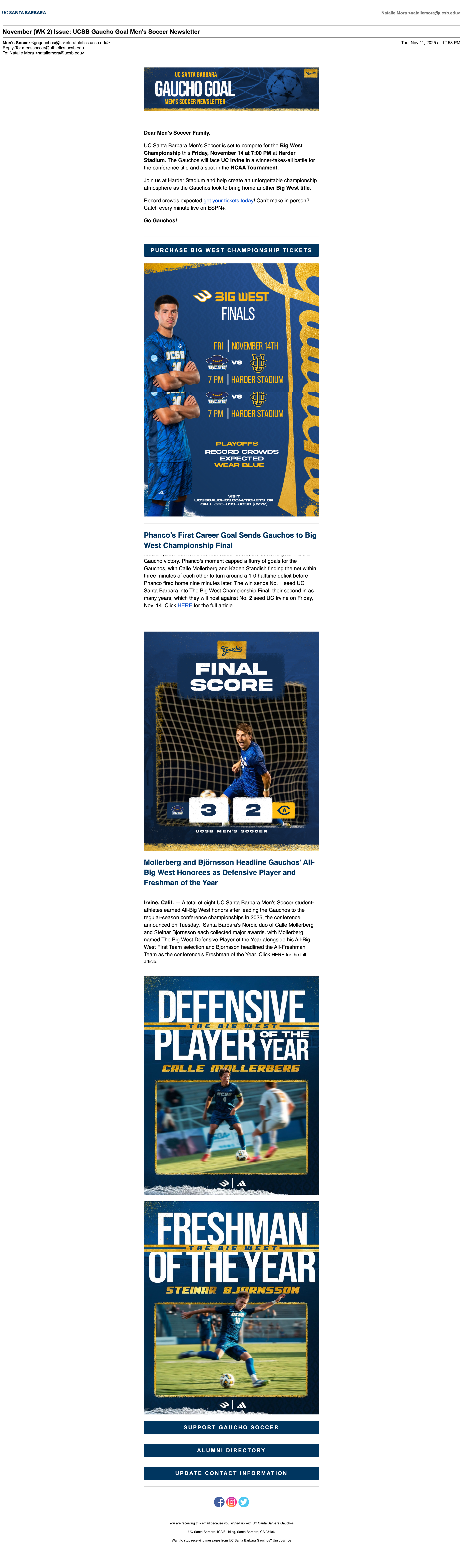 Example of Big West newsletter graphic:  UCSB’s conference win, final score, player standouts