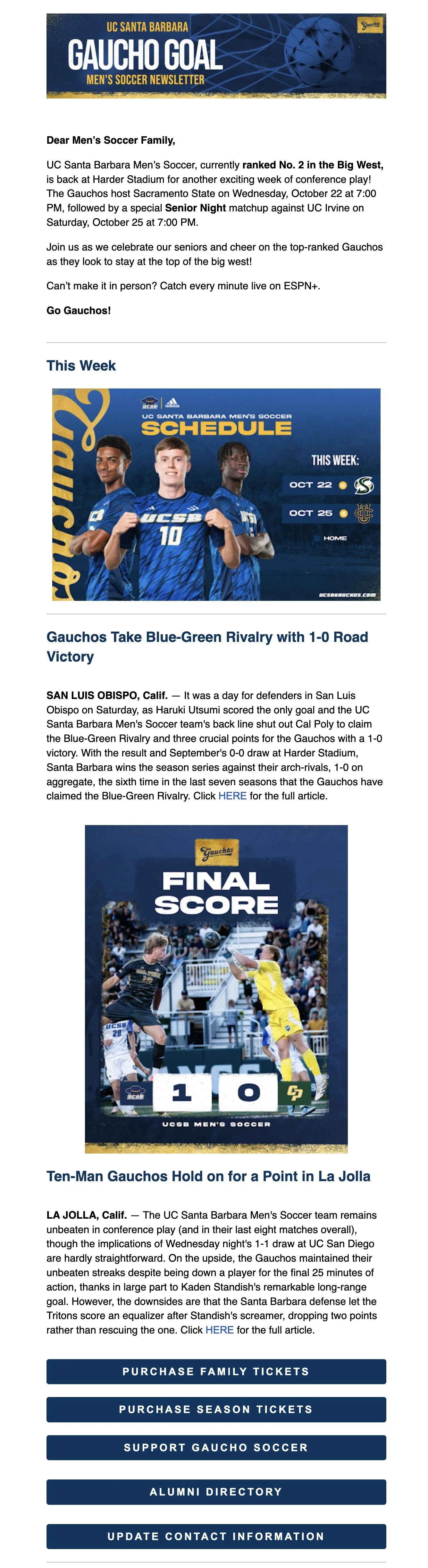 Example of a mid-season rivalry-game newsletter: A recap celebrating the Gauchos’ rivalry win