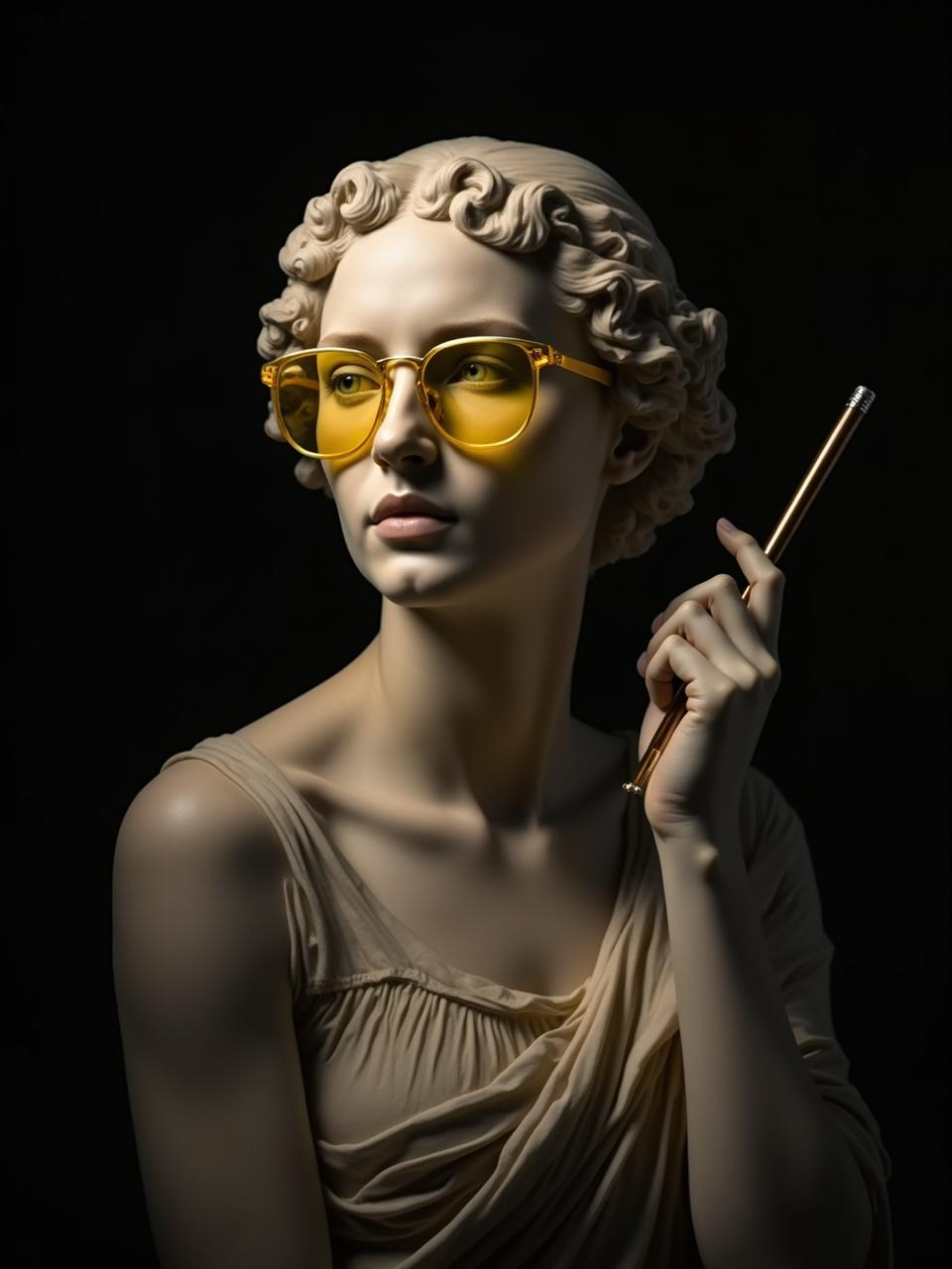 Escultura de una mujer con gafas de sol amarillas y sosteniendo un bolígrafo dorado, iluminación dramática en fondo negro.
